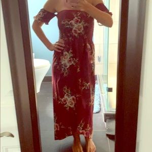 Burgundy off the shoulder maxi dress